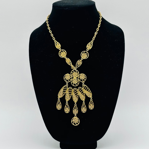 Vintage Sylized Ethnic Gold Tone Statement Necklace Dangling Tiered Design - Picture 1 of 13